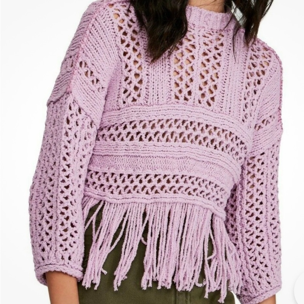 Free People Lavender Knit Fringe Sweater